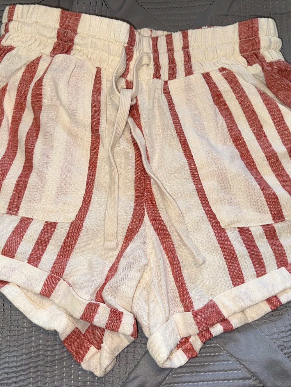 Roxy Cream and Rust Stripe High Waist Linen Drawstring Shorts, Size Small